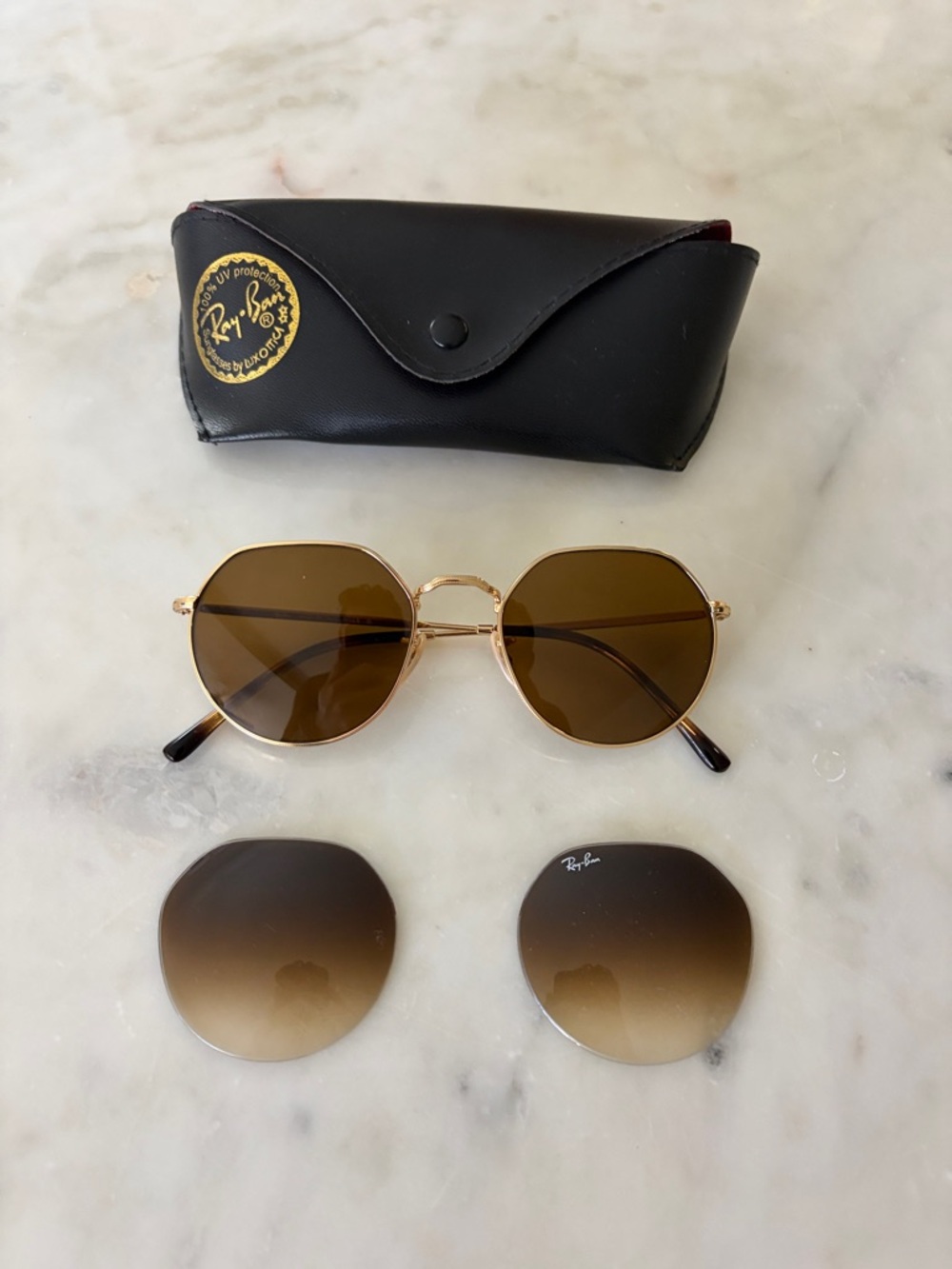 Ray-Ban Gold Frame Brown Lens Sunglasses with Case and spare lenses